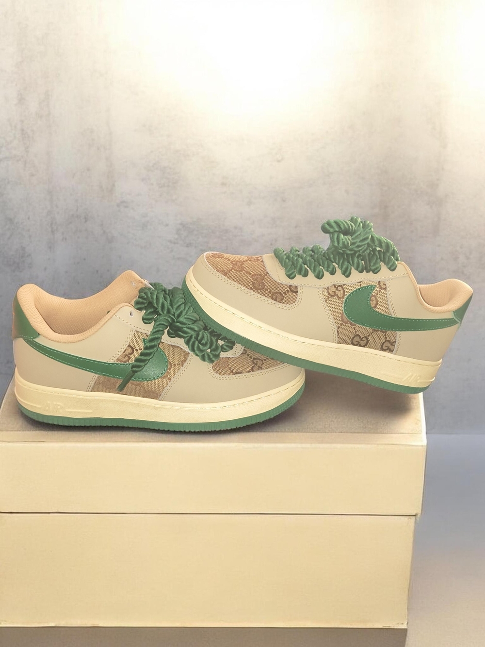 Gucci Air Force 1 Beige and Green Designer-Pattern Low Top Sneakers